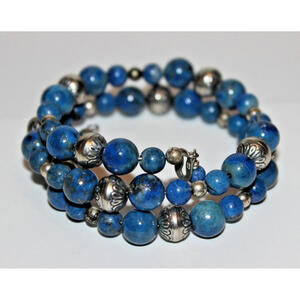 Vintage Lapis Lazuli Bead Bracelet 925 Sterling Silver Double Strand Stretch 7”